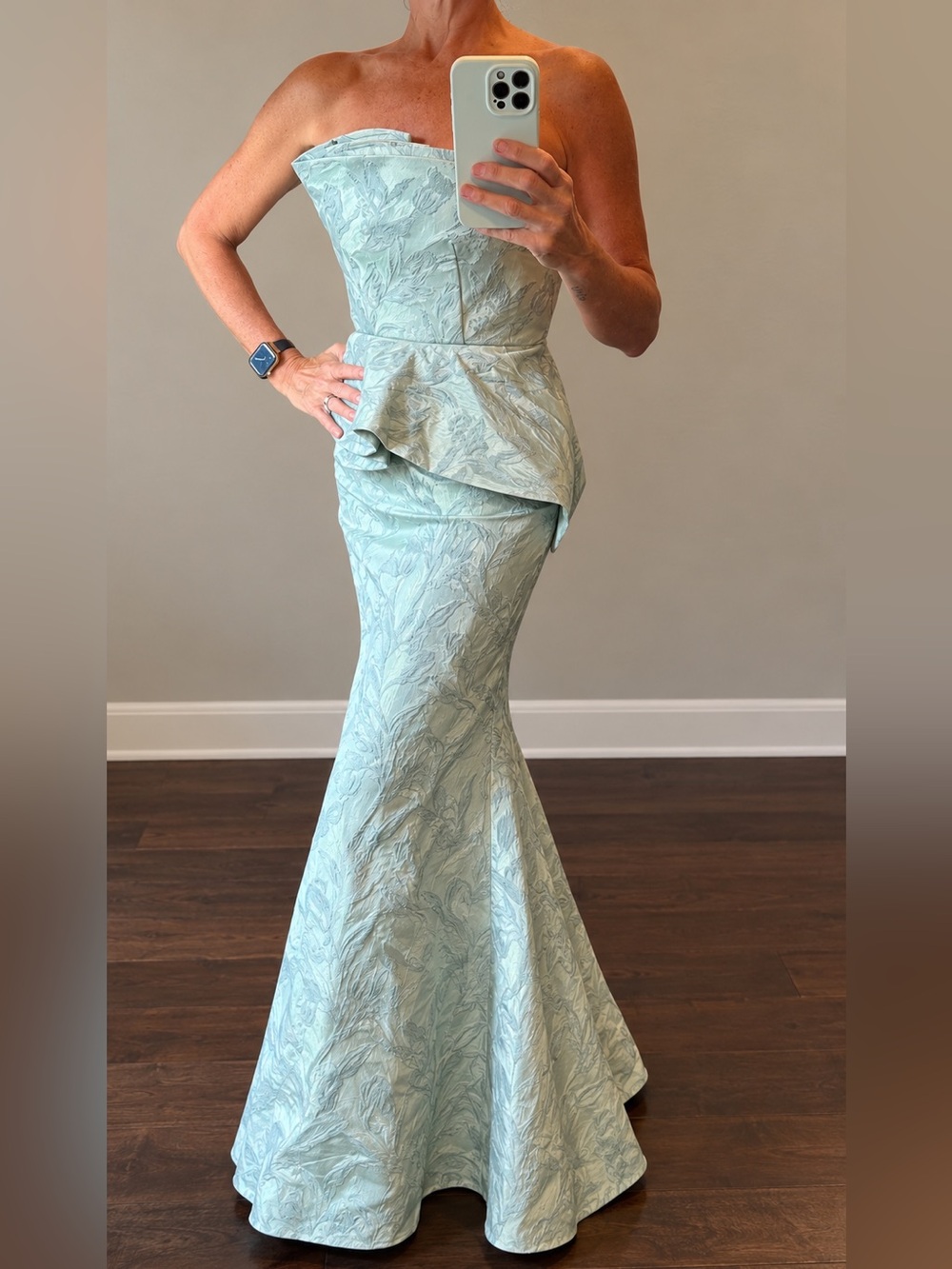Strapless Seafoam Peplum Mermaid Gown
